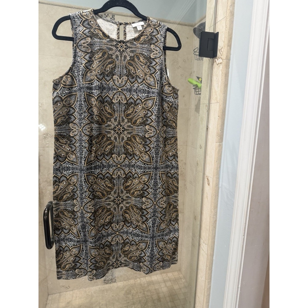 J Jill Womens Paisley Sleeveless Sheath Dress Black Tan M Tall Knee Length